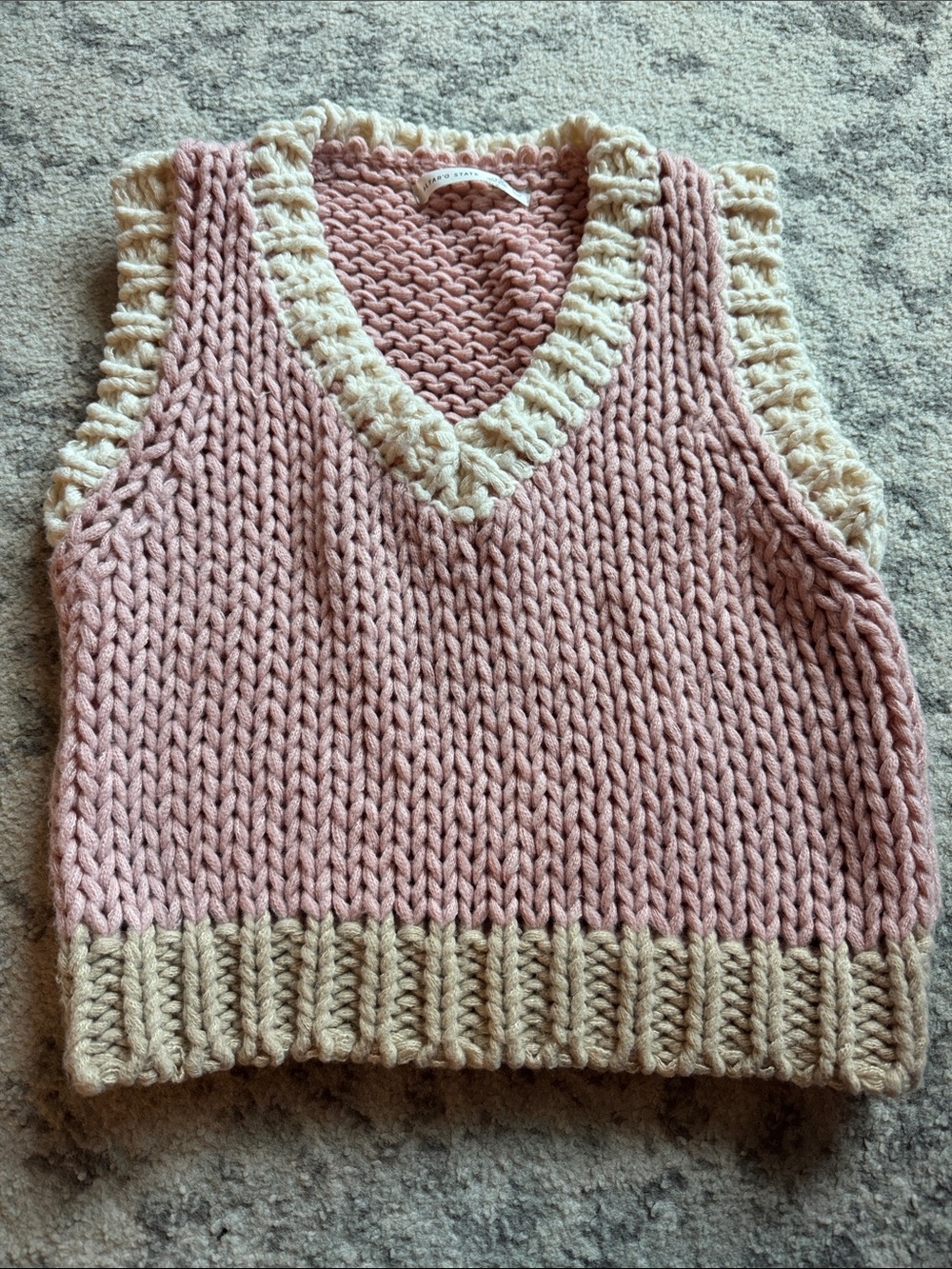 Women's Pink Knit V-Neck Sweater Vest with Cream Trim